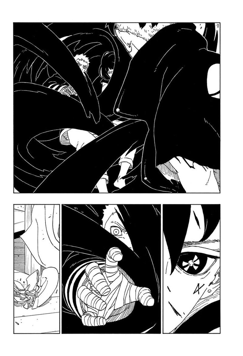 Marcelpi3's tweet photo. With Sarada kidnapped by Code, and Sasuke was also trapped in the tree by him.

Kawaki has known from the very beginning just how dangerous Code can be.

Kishimoto/Ikemoto is showing that Kawaki wasn’t overreacting when he feared Code danger 

#Boruto https://t.co/4DSQypJQVT