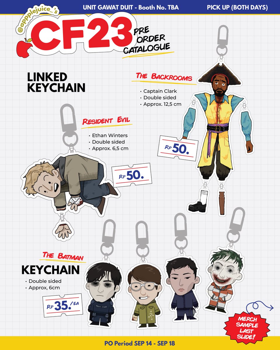 appplejuice_'s tweet photo. [❤️&amp;🔁 appreciated!]

@appplejuice_ x @28dashes Pre Order Catalogue 🍎🍊

📅 PO 14 Sept - 18 Sept
📍Unit Gawat Duit (both days!) at ICE BSD
✨Arcade, The Pitt, Resident Evil, The Backrooms, The Batman 2022

🔗 https://t.co/MhwWCIyicD

#comifuro23 #CF23catalogue https://t.co/pMUeOjtWhz