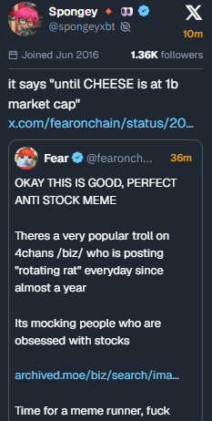 scdmeme's tweet photo. right ticker is cheese. not rat. HE SAY "cheese" 5fR7Qj7XPQV5yQ79Zzyj8E28oCgCBx7BUB27Xz6Ppump

why u buy ticker "rat"? thats a mistake

BUY THISS 5fR7Qj7XPQV5yQ79Zzyj8E28oCgCBx7BUB27Xz6Ppump https://t.co/HFCzMD0dUj