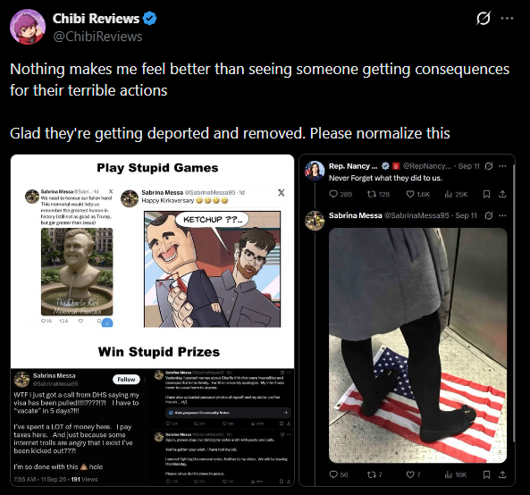LordYoshiZ's tweet photo. "Free speech" warrior Chibi Reviews cheering on a woman getting potentially deported because she made a kirk joke (obvious injustice against free speech) https://t.co/2bA1LPMCjj