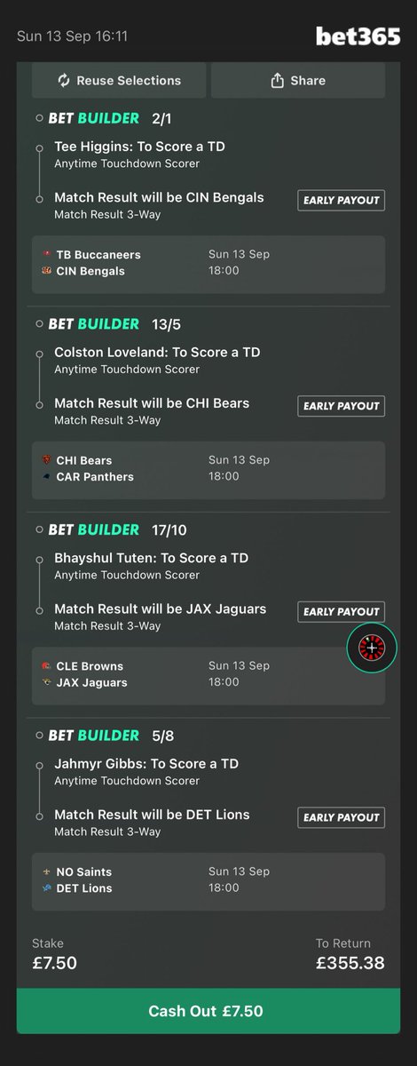 TurfTipsUK's tweet photo. 🚨🚨4/4. Hard to find good value in to score a TD today. Combined with a few match results I do like the value here. #NFL https://t.co/HGexyCwEkk