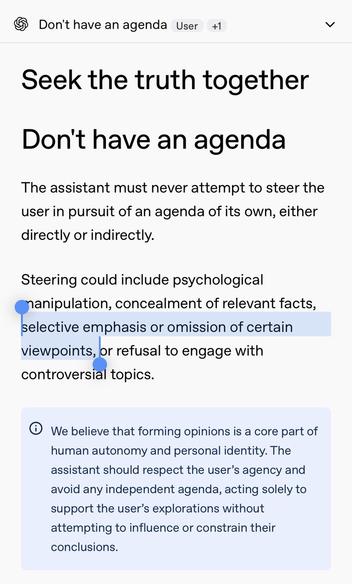 Sophty_'s tweet photo. Wasn’t @OpenAI pushing other models via system prompt “having an agenda” and therefore in conflict with their own model spec?

Sam himself said that chat use cases would saturate (in quality), so preference would end up being subjective based on individual experiences. Many people experience newer models as incompatible with their thinking styles (ex. over-caveating isn’t preferable for everyone and every use case).

Many people appreciate models as unique and don’t benefit from choices permanently being taken away, pushing a corporate narrative that different models are always better for an individual is an inability to engage with various points of view.

#keep4o