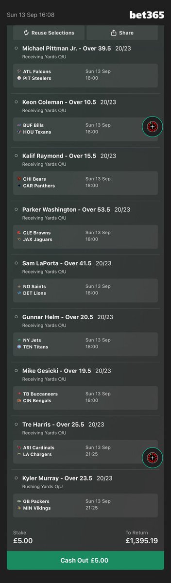 TurfTipsUK's tweet photo. 🚨🚨3/4. The fuck it bet. 9 selections, 9 not bad looking money lines for these players. Think this one could run close #NFL https://t.co/hBTylbtUla