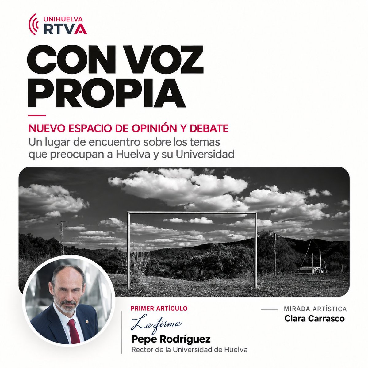 UniHuelva's tweet photo. 🗣️ Estrenamos «Con Voz Propia», nuevo espacio de opinión y debate sobre Huelva y su Universidad. 

Abrimos con «Paremos este partido también», del rector Pepe Rodríguez, y la mirada artística de Clara Carrasco.

🔗 https://t.co/dnVK8Jjxyx https://t.co/7o2Q0GhCwN
