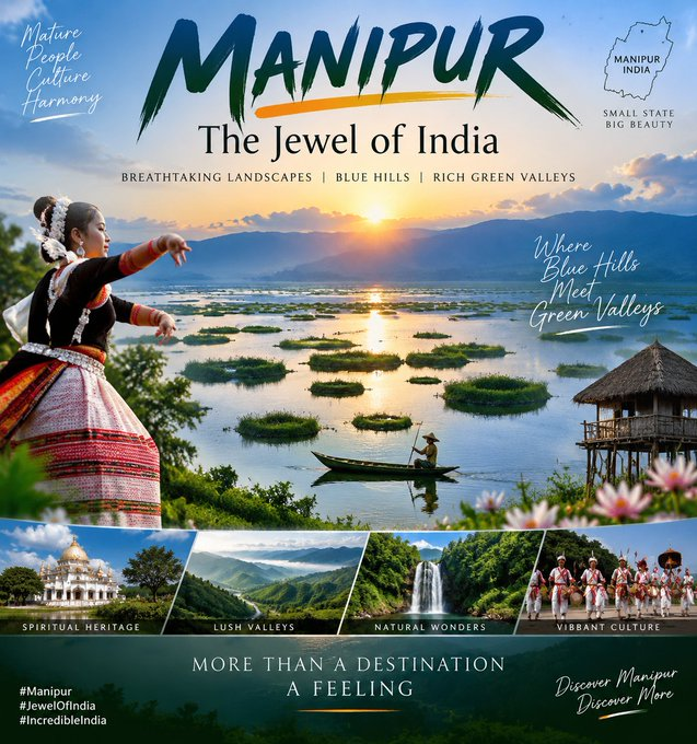 Vaiphei202606's tweet photo. Known as the "Jewel of India", Manipur captivates the world with its breathtaking landscapes, blue hills, green valleys &amp; the serene beauty of Loktak Lake. A land where nature and culture live in perfect harmony.  #Manipur #JewelOfIndia #NortheastIndia #IncredibleIndia https://t.co/9fGs7vNURW