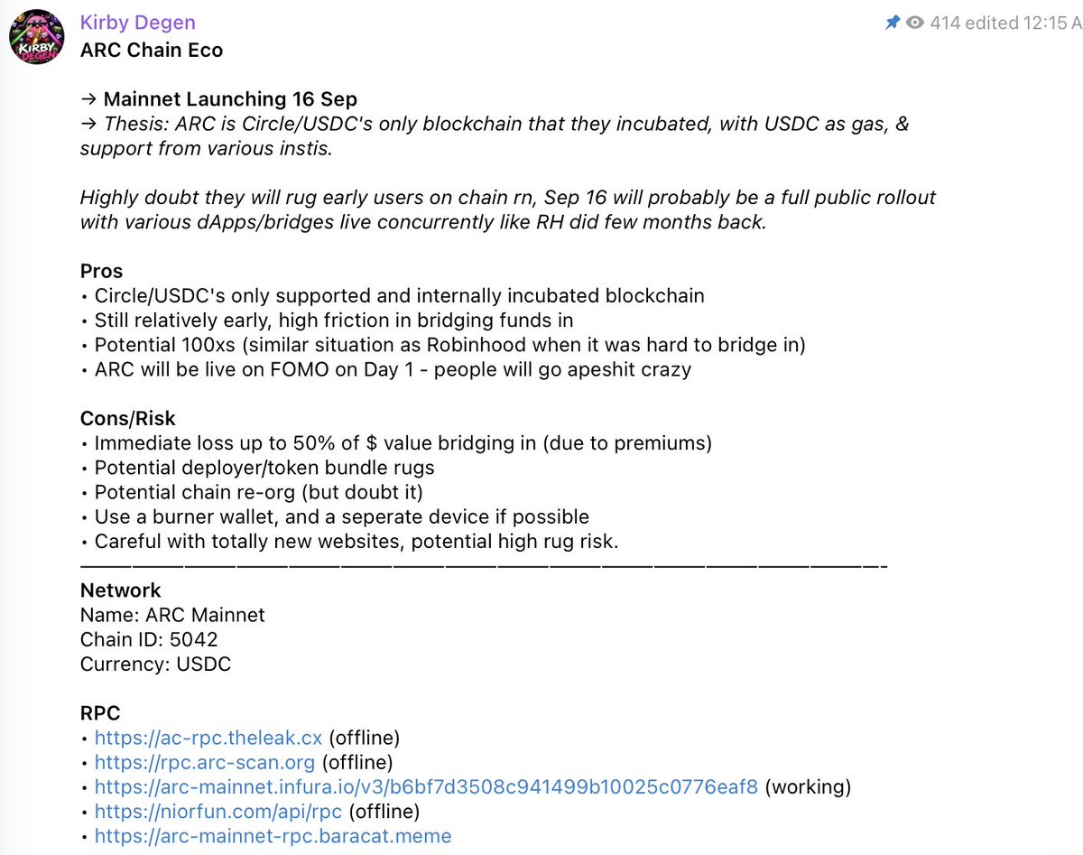 kirbyongeo's tweet photo. Early this month, I shared a short @arc thesis and early plays on my degen channel on TG. (→ Thesis: ARC is Circle/USDC's only blockchain that they incubated, with USDC as gas, & support from various instis.)

Back then, premium was around 50-80%. Today, the premium is roughly 100+%. 

Essentially you're paying $2 for $1 on ARC, as a tax on getting funds on chain. If you remember how it went with Robinhood, those who managed to bridge in early and ape clear winners made good money. 

However, you need to be extra careful with the money, since you already lost 50% of its value. I like to think of it as apeing at 2x the valuation i see. If i believe the project can blast past that val, then it's worth apeing. 

----------------
Here's how to get started

Network
Name: ARC Mainnet
Chain ID: 5042
Currency: USDC

RPC
• https://t.co/Ls4J2VAWWJ 
• https://t.co/2kClUxTpe3 
• https://t.co/TMaqp86Rua (working last i checked)
• https://t.co/0WINhjSDfB 
• https://t.co/5pvodvkMR5

Explorers
• https://t.co/97MkiGRGlf
• https://t.co/qiYEJUjpog

Bridges
• LiFi, Dyorswap, Wormhole (Not yet live)
• Only way right now is via OTC → https://t.co/4ki38caPhU (pay a 60-100% premium)

Charts & bots
• @BasedBot : https://t.co/zYCDvXgqMM
• @ArcDEXScan : https://t.co/teUuFfMVcG
• @fomo  (not yet live)
• @gmgnai : https://t.co/W9jkVrogEa

Trending Tokens
• https://t.co/cQs2kKXEc2

Launchpads
• https://t.co/teUuFfMVcG
• https://t.co/NIUcGPKEfZ
• https://t.co/hZc5PCJooK
• https://t.co/KMXlqfdTBv
• https://t.co/LIrHimjlGj (Testnet only)

Telegram Trade Bot
• basedbot: https://t.co/zYCDvXgqMM
• maestro: https://t.co/MxKtkUSx5C

DEX
• https://t.co/teUuFfMVcG
• https://t.co/8dlrJLvD8b
• https://t.co/VZtQWJu76l
• https://t.co/h8yOUqWSml
• https://t.co/DuItfXNdqF

NFT Marketplace
• https://t.co/qIfFfcLtjy (Testnet only)

NFT Projects
• https://t.co/JM2WJSAiPr (minted out)
• https://t.co/jAvvjqQZbf (not yet live)
—————————————————————————

ARC will have a >$100M coin runner for sure - our goal is to find that runner and not get rugged along the way

Let me know which tokens you're looking at in the comments !

If you made it this far, here's a link to the degen channel (by approval only): https://t.co/DXfEx3f9R5