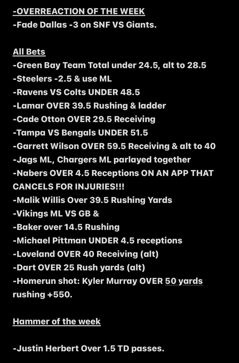 MafiaBets716's tweet photo. Week 1 lines we have any units on.
We like several of these more than others, DM or join our discord for any more specifics. Do not take these and make a huge parlay, you do not make $$$ that way.
Use your bonuses & only place wagers on Nabers w/ injury protection. #MafiaBets https://t.co/lASHJHcYGR
