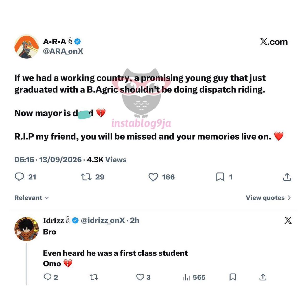 instablog9ja's tweet photo. Friends mourn as hit-and-run reckless driver k+lls  fresh first class graduate hustling as a dispatch rider in Ogun State

Friends and associates have been thrown into mourning following the de@th of a fresh first-class graduate of FUNAAB,Mayowa aka Mayorwhiz who was working as a dispatch rider in Ogun State.

The deceased was said to be operating a Qlink dispatch motorcycle when he was involved in a fatal collision with a red Lexus ES 350  around the MKO Abiola Sports Arena, Kuto, Abeokuta, on Saturday, September 12, 2026.

According to a road accident report shared online, the crash occurred at about 3:45 p.m. along the inbound Kuto underpass. The dispatch rider was presumed de@d at the scene, while his remains were conveyed to a general hospital by an FRSC van.

It was further stated that two male occupants of the Lexus fled the scene after the crash.