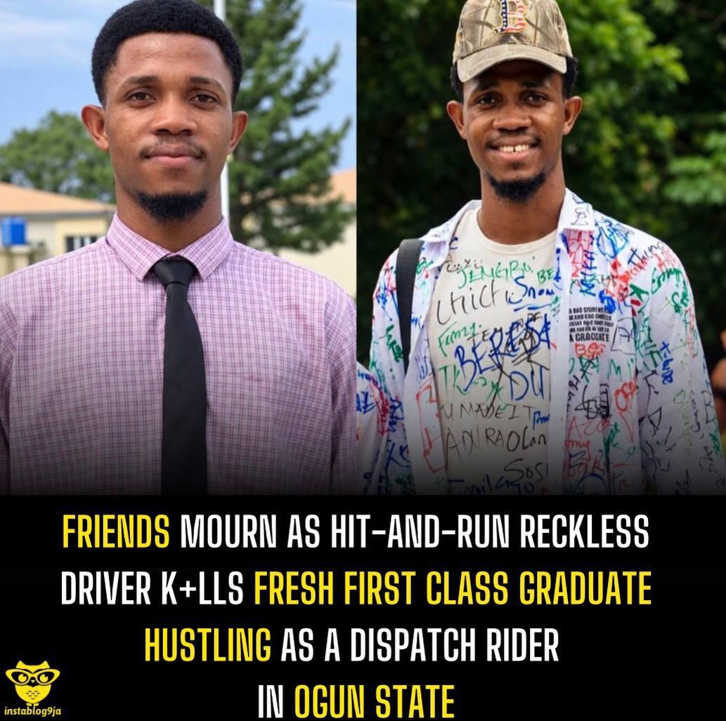 instablog9ja's tweet photo. Friends mourn as hit-and-run reckless driver k+lls  fresh first class graduate hustling as a dispatch rider in Ogun State

Friends and associates have been thrown into mourning following the de@th of a fresh first-class graduate of FUNAAB,Mayowa aka Mayorwhiz who was working as a dispatch rider in Ogun State.

The deceased was said to be operating a Qlink dispatch motorcycle when he was involved in a fatal collision with a red Lexus ES 350  around the MKO Abiola Sports Arena, Kuto, Abeokuta, on Saturday, September 12, 2026.

According to a road accident report shared online, the crash occurred at about 3:45 p.m. along the inbound Kuto underpass. The dispatch rider was presumed de@d at the scene, while his remains were conveyed to a general hospital by an FRSC van.

It was further stated that two male occupants of the Lexus fled the scene after the crash.