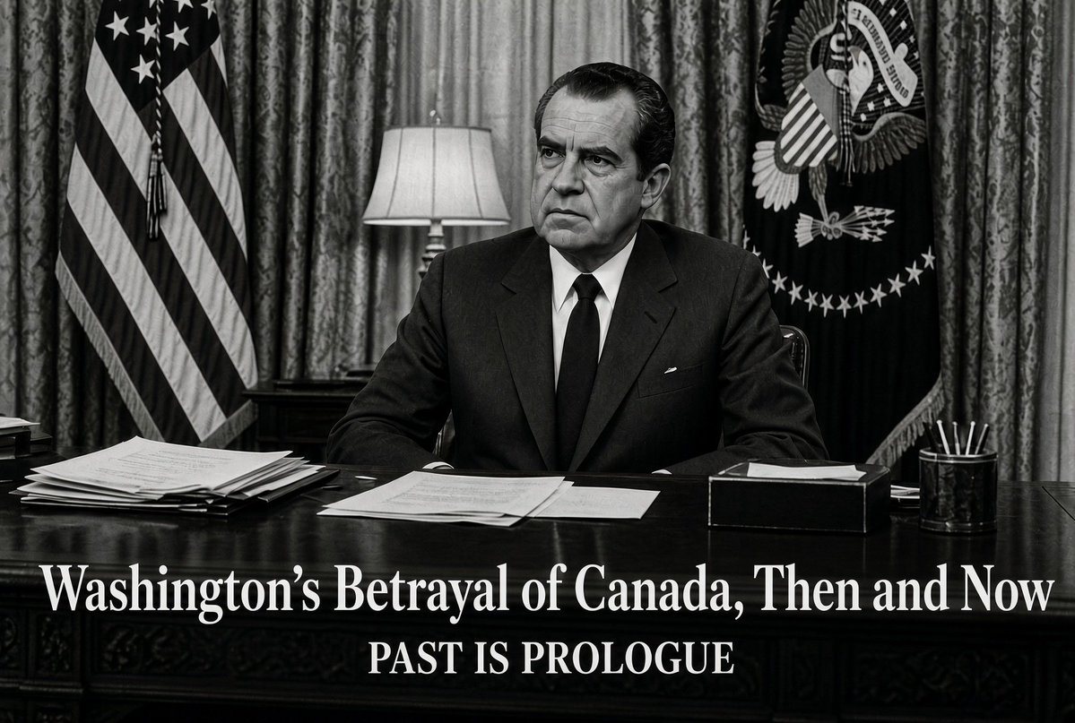 anniedufour99's tweet photo. Past Is Prologue: Washington’s Betrayal of Canada, Then and Now
This is not the first time the United States has betrayed Canada.
As Prime Minister Mark Carney resolutely steers Canada toward Europe in an unprecedented move to forge closer ties with the European Union, let us recall that back in the 1970s, another Prime Minister—Pierre Trudeau—attempted to distance us from the American "Ogre" following a terrible betrayal...

Here are the details:

The "Nixon Shock" of 1971: the United States betrayed all its allies, including Canada, by abandoning the Bretton Woods monetary system overnight—and without notifying anyone.

Since 1944, the global economy had rested on the Bretton Woods agreements: the US dollar was pegged to gold (at $35 per ounce), and all other currencies were pegged to the dollar.

However, at the turn of the 1970s—with inflation rising in the US and the country mired in the Vietnam War—other nations lost confidence in the health of the "Greenback" and demanded to redeem their US dollars for actual gold bullion.

The US panicked and abandoned the system without warning. They also decided to impose a 10% tariff on all goods entering the country.

Neither the IMF nor US allies were given advance notice of this decision.

In Canada, Prime Minister Trudeau learned of it while watching television...

Ottawa—whose economy was already deeply integrated with that of the US (the Auto Pact dated back to 1965)—requested an exemption on these grounds, arguing that Canada would suffer more than anyone else from this abandonment.

Washington remained deaf to these pleas, coldly declaring: "The dollar is our currency, but it's your problem."

The immediate consequences for Canada were devastating: its currency surged, surpassing the historic milestone of parity with the U.S. dollar. As an export-driven economy, it suddenly found its products too expensive for its main customer—the U.S.—to which it also had to pay 10% tariffs.

Just as in 2026, faced with this betrayal by Washington, Prime Minister Trudeau decided to reduce reliance on the U.S. by diversifying the economy... the "Third Way" policy...

However, this course was not pursued long enough or with sufficient determination; Canada reversed course by signing the 1988 free trade agreement, thereby sealing its fate with that of the Americans.

Long-term perspective:

For the US, it was a “success” in that it secured the dominance of the US dollar and, to a certain extent, protected its domestic economy. Yet, this shock move triggered the worst decade of global inflation.

Repeated currency crises, aggressive financial speculation, and the massive indebtedness of modern states , all trace their origins to the end of Bretton Woods.

For all those surprised—and there are many of us—by this mercantile, soulless, and friendless US, the fault lies with us. We forgot HISTORY and its great lesson:  Past is prologue.

Had you, like me, forgotten that lesson?
#cdnpoli