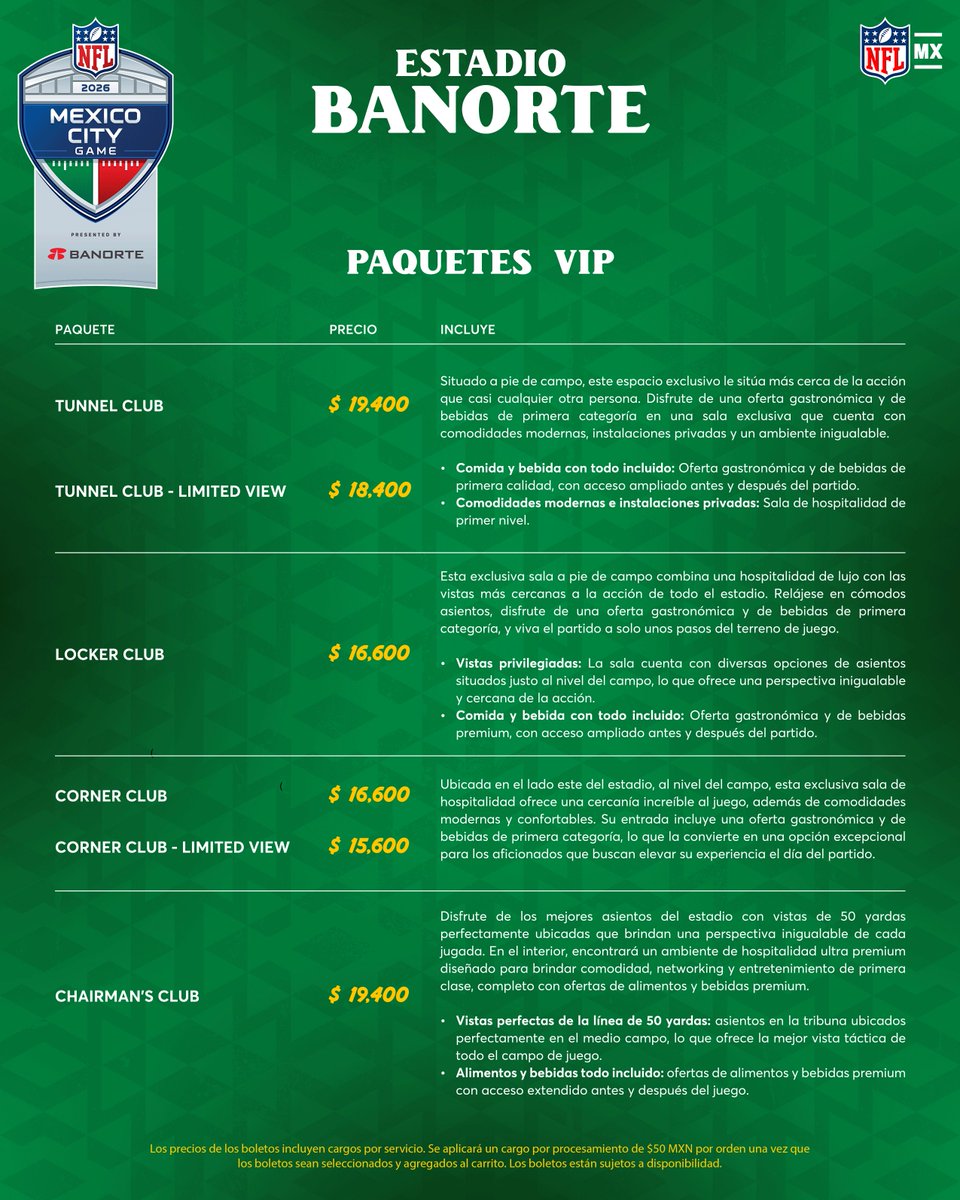 ailoviutl's tweet photo. 🚨 PRECIOS DE BOLETOS OFICIALES 🚨

🏈 NFL MÉXICO CITY GAME 🏈
San Francisco 49ers vs Minnesota Vikings
🗓️ Domingo 22 de Noviembre del 2026 🗓️
🏟️ Estadio Banorte 🏟️ 📍 CDMX 📍

🎟️ Precios de Boletos con Cargos 🎟️

💺 Información de Paquetes VIP 💺

TUNNEL CLUB: $19,400
TUNNEL CLUB - LIMITED VIEW: $18,400
LOCKER CLUB: $16,600
CORNER CLUB: $16,600
CORNER CLUB - LIMITED VIEW: $15,600
CHAIRMAN’S CLUB: $19,400

🎫 Fechas de Preventas 🎫

-Venta Anticipada AMEX: Lunes 14 de Septiembre 10:00 AM / Límite de Compra 6 Boletos

-Venta Anticipada Banorte: Jueves 17 de Septiembre 10:00 AM / Límite de Compra 4 Boletos

-Venta General: Martes 22 de Septiembre 10:00 AM / Límite de Compra 4 Boletos

💲 Boletera: Ticketmaster 💲

💳 Meses sin Intereses 💳

MSI con tarjetas de Crédito American Express y Banorte

#NFL #MexicoCityGame #NFLMexico #CDMX #FutbolAmericano #NFL2026 #EstadioBanorte #Deportes #FootballEnMéxico #GameDay #México #NFLPlayOffs2026 #NFLENTELEVISA #NFLDraft #NFLVIRAL #49ers #MinnesotaVikings