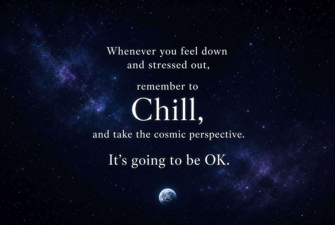 ASUVETAK's tweet photo. Whenever you feel down and stressed out, remember to Chill, and take the cosmic perspective.

It’s going to be OK. https://t.co/qGSe2HELN3