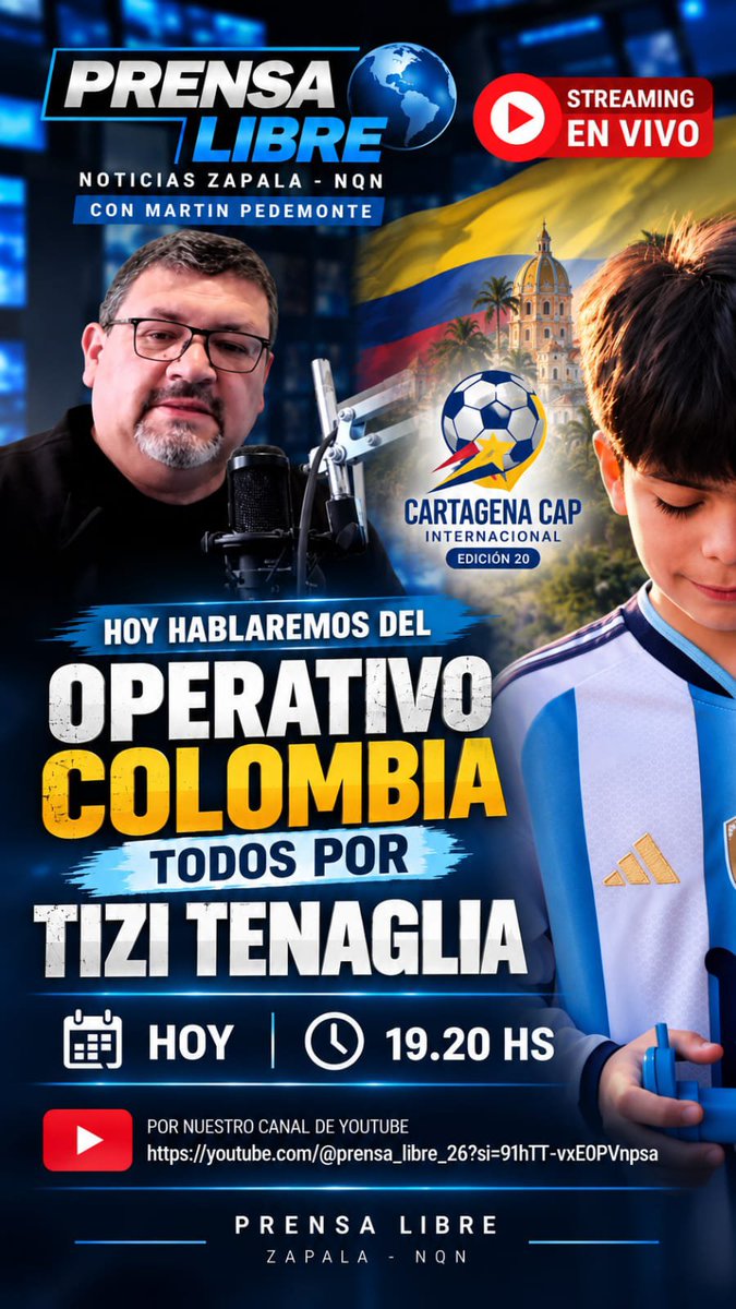 Marto_Pedemonte's tweet photo. Zapalino Tizi Tenaglia fue convocado por Colombia para jugar al fútbol. 

Hoy en #PrensaLibre https://t.co/5nXzTBRluD

💙🤍 ENTRE TODOS PODEMOS HACERLO POSIBLE. 🤍💙

Tizi tiene un sueño, un objetivo enorme: llevar la celeste y blanca a Colombia 🇦🇷🇨🇴 y representar con orgullo a Argentina, Neuquén y nuestra querida Zapala. 🏔️💙

Un cartón, una colaboración, una difusión, un mensaje, un compartir… todo suma. 🫶

Porque detrás de este sueño hay un nene de 11 años que está dejando todo, entrenando, esforzándose y luchando día a día para cumplirlo. ⚽💪❤️

Y también hay una familia que hace todo lo posible para acompañarlo.

Pero esta vez queremos que no sea solamente nuestro sueño.

Queremos que sea el sueño de todos los que sienten orgullo por nuestra tierra. 🏔️💙

Que un zapalino llegue a Colombia. 🇦🇷🇨🇴
Que Neuquén esté presente. 💙
Que Argentina esté representada. 🇦🇷
Que Zapala deje su huella. 🏔️✨

Hoy más que nunca necesitamos de ustedes.

OPERACIÓN COLOMBIA está activa. 🚀🇨🇴⚽

Si podés colaborar, comprar un cartón o simplemente compartir esta campaña, ya estás siendo parte.

🙏 Ayudanos a hacerlo posible.

Porque cuando una ciudad se une,
cuando una comunidad acompaña,
los sueños dejan de parecer imposibles. ❤️

💙🤍 VAMOS TIZI. ZAPALA TE ACOMPAÑA. 🤍💙