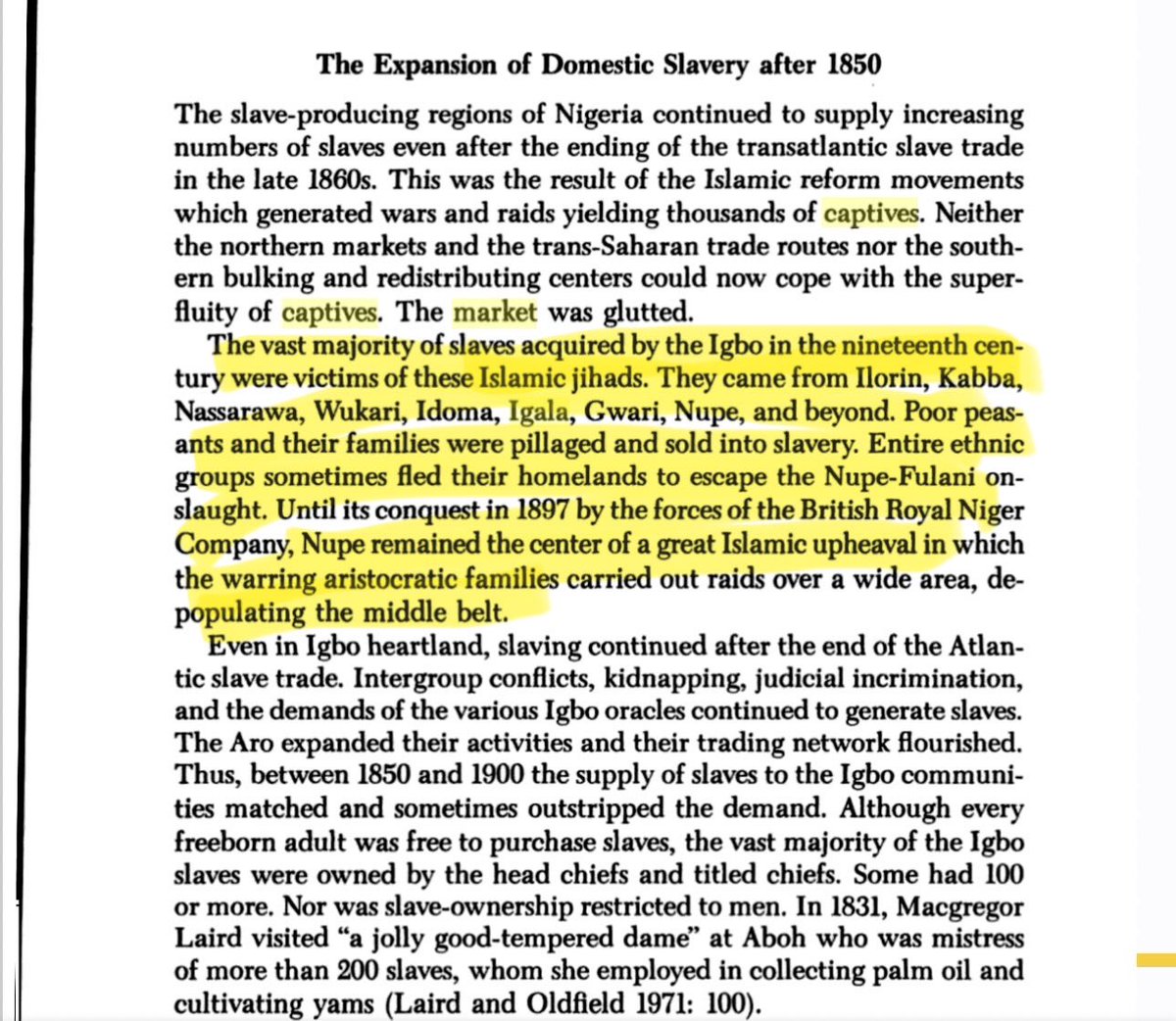 regularJay22's tweet photo. The “igbos enslaved by Benin” are the Agbor/Ika who claim not to be Igbo. There is no history of Benin crossing the Niger to raid or capture any southeast igbo.
Igbos enslaved Igala captives brought by Ismalist jihadists to Onitsha market for sale. This was documented in the 1800s.
Efiks and Ijaws never enslaved igbos. They got people convicted of crime or debt or witchcraft by the Aro oracle who decided instead of killing them to ship them off during transatlantic slave trade. Some remained in Bonny and were assimilated.

Infact some Ijaws who consulted the Aro Long Juju and lost their arbitration were captured and sold too.
