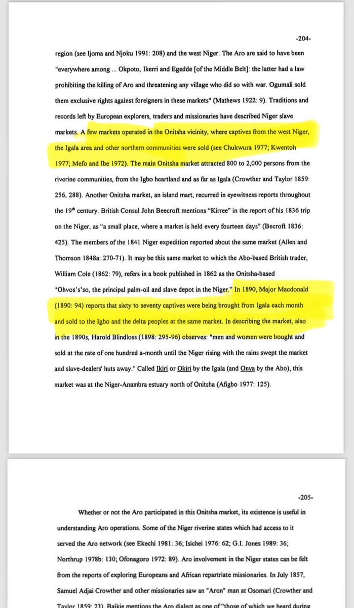 regularJay22's tweet photo. The “igbos enslaved by Benin” are the Agbor/Ika who claim not to be Igbo. There is no history of Benin crossing the Niger to raid or capture any southeast igbo.
Igbos enslaved Igala captives brought by Ismalist jihadists to Onitsha market for sale. This was documented in the 1800s.
Efiks and Ijaws never enslaved igbos. They got people convicted of crime or debt or witchcraft by the Aro oracle who decided instead of killing them to ship them off during transatlantic slave trade. Some remained in Bonny and were assimilated.

Infact some Ijaws who consulted the Aro Long Juju and lost their arbitration were captured and sold too.
