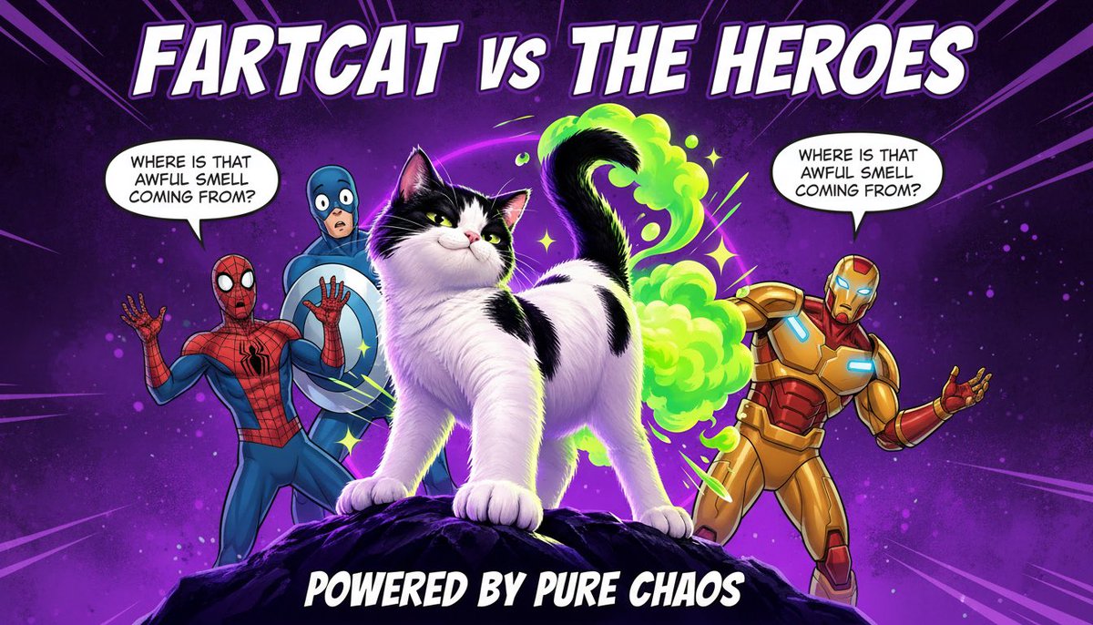 REALFARTCAT's tweet photo. Webs. Armor. Shields.
None of it could stop the legendary FartCat blast. 💨🐈
The heroes have fallen back.
The arena is covered in green chaos.
@Marvel, prepare your next champion.
@realDonaldTrump @elonmusk your challenge awaits.

#FartCat #Marvel #FartBattle #Solana #PumpFun https://t.co/QHHAsG6PHe