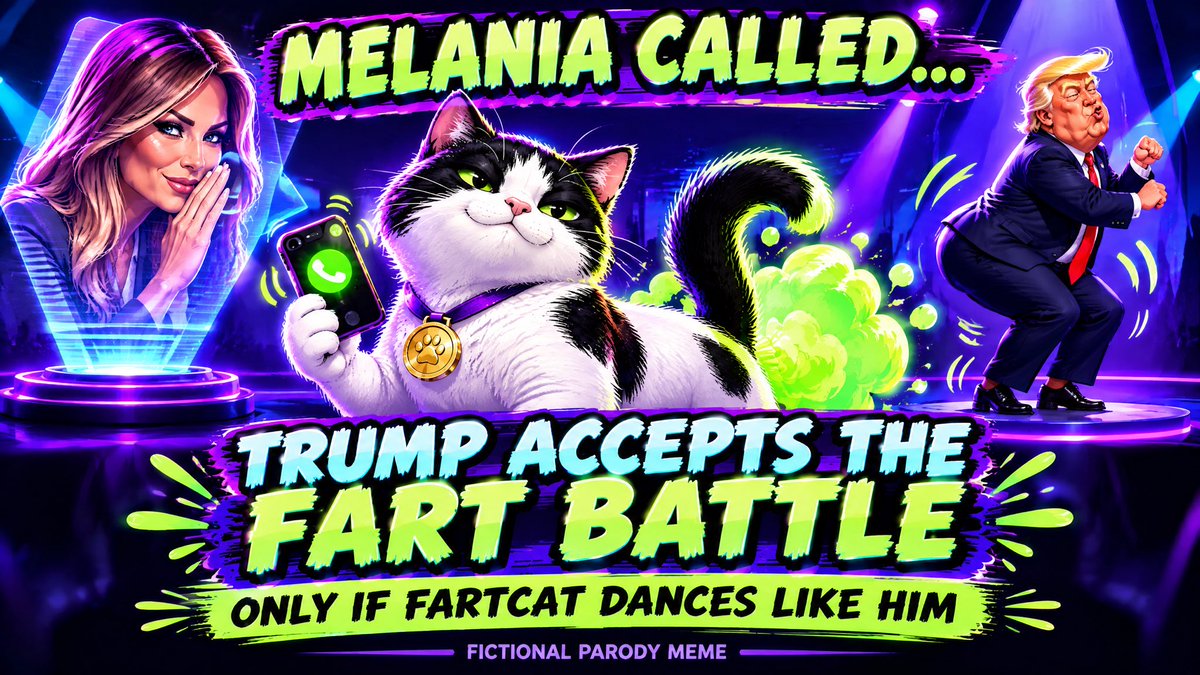 REALFARTCAT's tweet photo. Melania just called… in our fictional FartCat universe. 📞💨

Trump accepts the challenge ✅
but
only if FartCat dances like him,
posts it on X &amp; tags him.

Deal accepted.

Let the Fart Battle begin. 🐈
Thanks @realDonaldTrump 

#FartCat #FartBattle #Trump #Solana #PumpFun https://t.co/GmZ2SBeM93