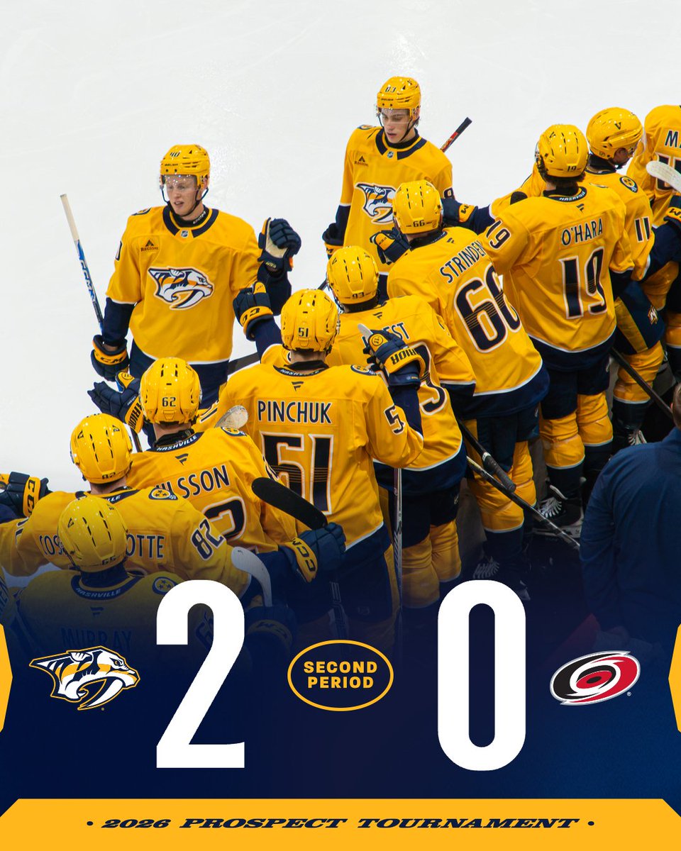 Score graphic for Prospect Tournament with a photo of players celebrating at the score NSH 2, CAR 0