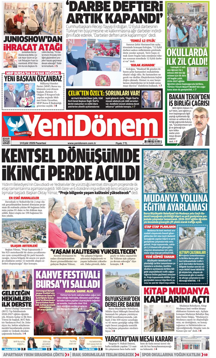 burhankaya3's tweet photo. 14 EYLÜL 2026
YENİDÖNEM GAZETESİ
https://t.co/YXhTvNUypH
@bursabuyuksehir @YildirimBld @OsmangaziBLD @MHPBursail @MudanyaBel https://t.co/QjOkilcVkC