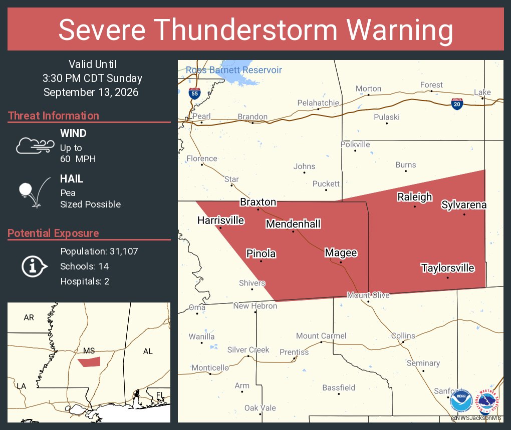 This graphic displays a severe thunderstorm warning plotted on a map. The warning is in effect until 3:30 PM CDT. The warning includes Magee MS, Mendenhall MS and Raleigh MS. This warning is for Southeastern Rankin County Is Cancelled. The threats associated with this warning are wind gusts up to 60 MPH and pea sized hail. There are 31,107 people in the warning along with 14 schools and 2 hospitals.