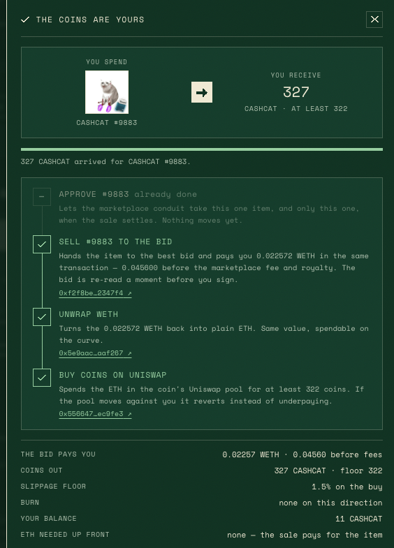 fnftdotfun's tweet photo. A new swap: CASHCAT #9883 → 327 $CASHCAT

Any NFT holder can do the same for its collection and coin

https://t.co/rmcnwOGLBw https://t.co/03ofoMLW7D