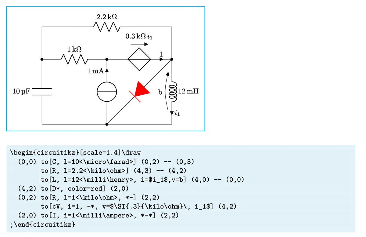 A circuit with a red diode and LaTeX code for it