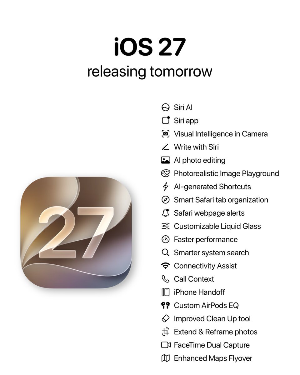 theapplehub's tweet photo. Apple will release iOS 27 tomorrow with these new features 🔥 https://t.co/fYdYr5h5sj