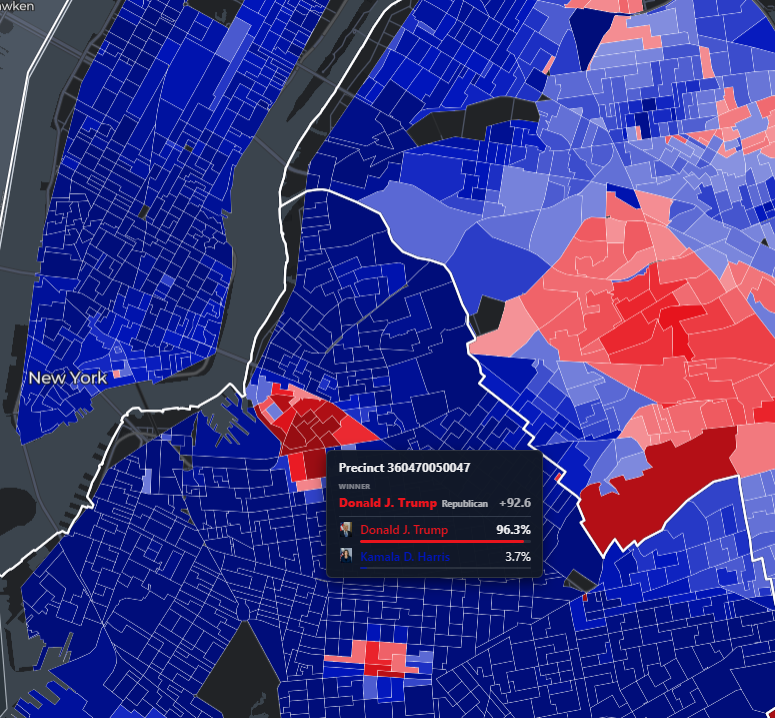 RealAlbanianPat's tweet photo. Can someone explain to me why is there a neighborhood in downtown New York City voting 95% for Trump https://t.co/xZFUGP5QAc