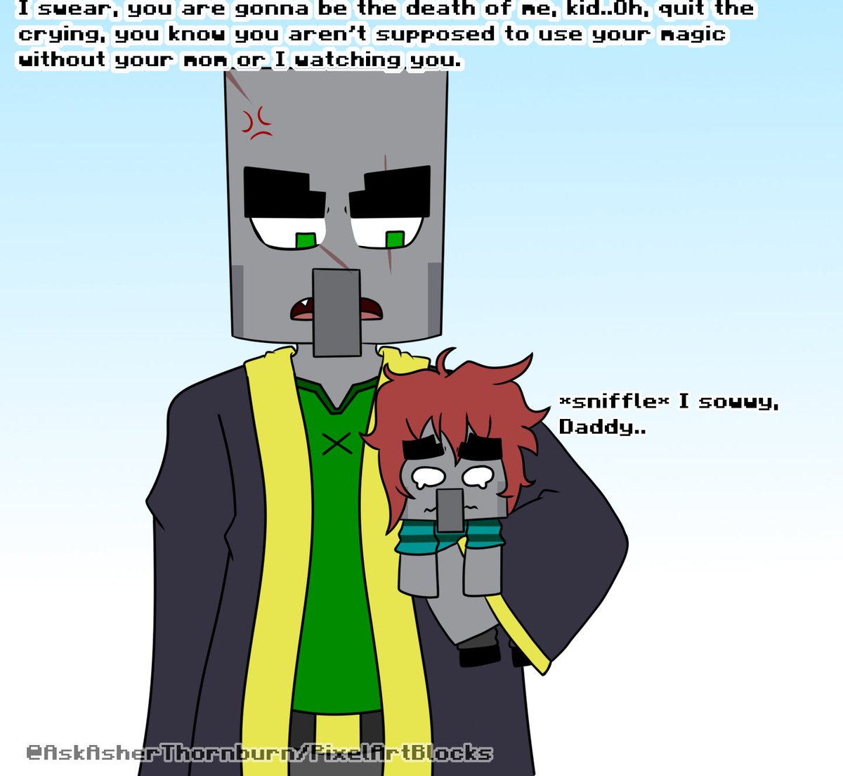 Pixel_Iceologer's tweet photo. he is in father mode. (Asher was using magic with adult supervision) 
#minecraft #minecraftoc #illager #illageroc #oc #minecraftart https://t.co/H7dlohxhpS