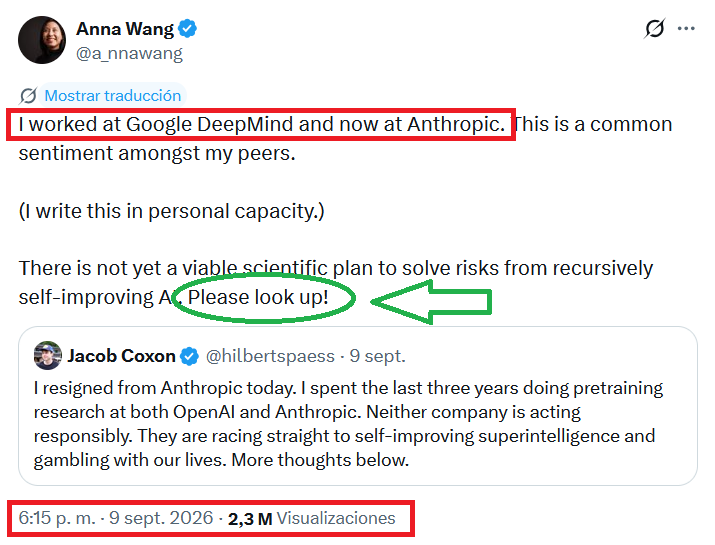ericdolphy1848's tweet photo. 6/14 ¿Es tan grave el peligro que su sentido ético se ha activado en cadena? ¿O es que todos han visto ahora “Oppenheimer”?

Sí que podemos deducir que Anna Wang (antes Google, ahora Anthropic) es cinéfila: “¡Por favor, mirad arriba!” https://t.co/1o3VDAjcZr