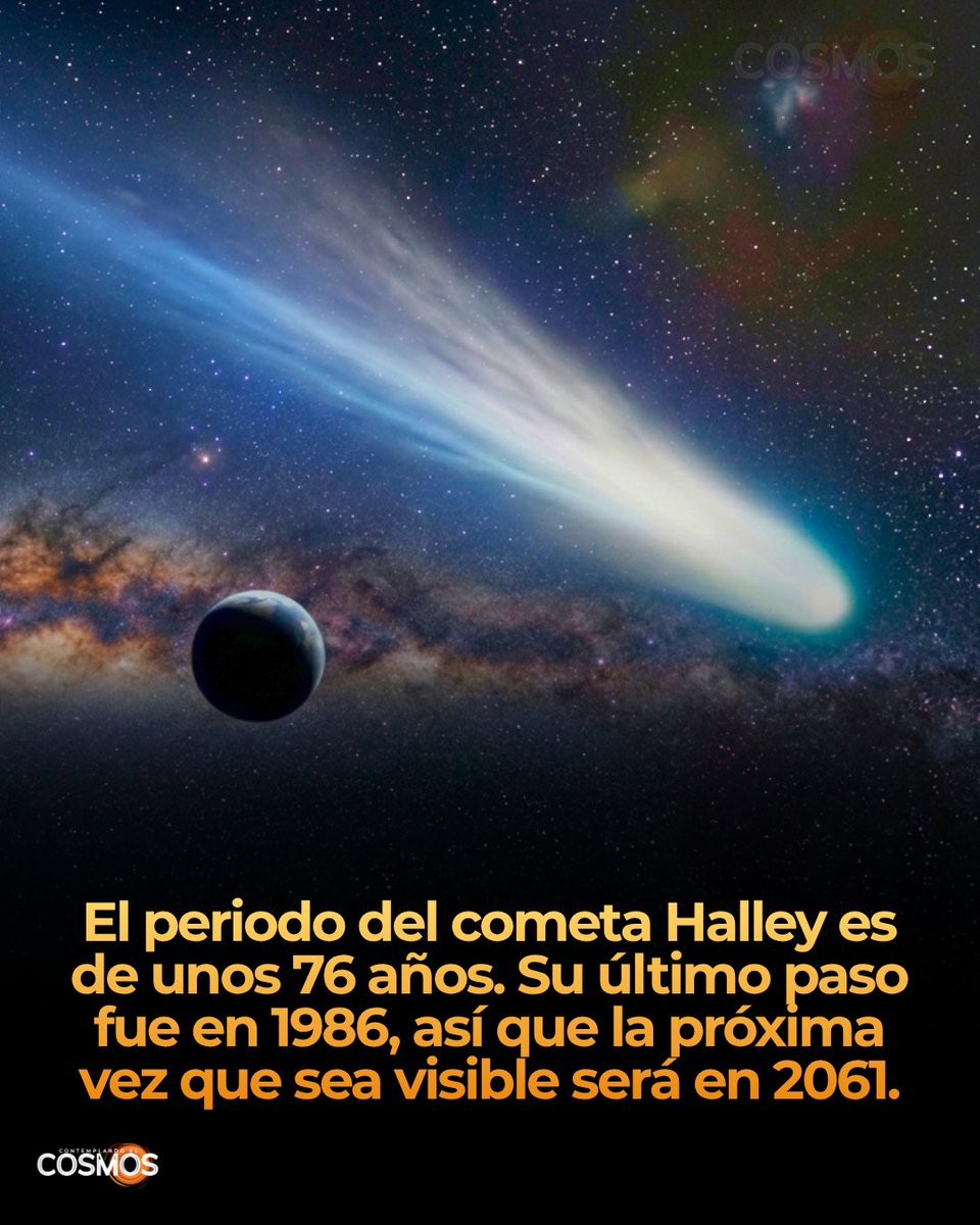 cecosmos_'s tweet photo. El cometa Halley es un cometa periódico que completa una órbita alrededor del Sol cada 76 años aproximadamente (con variaciones de entre 74 y 79 años debido a la influencia gravitacional de planetas como Júpiter y Saturno). Es el más famoso de los cometas de corto periodo porque es visible a simple vista desde la Tierra, algo poco común. Su nombre honra al astrónomo Edmond Halley, quien en 1705 calculó su órbita y predijo correctamente su regreso.

Su último perihelio (el punto de máximo acercamiento al Sol) ocurrió en febrero de 1986. Sin embargo, esa aparición fue considerada decepcionante para la observación, ya que la Tierra se encontraba en una posición desfavorable respecto al cometa, lo que hizo que se viera tenue en el cielo nocturno.

El siguiente regreso del cometa Halley está calculado para julio de 2061. A diferencia de 1986, la geometría orbital será mucho más favorable: la Tierra y el cometa estarán mejor alineados, por lo que se espera una aparición notablemente más brillante y espectacular que la anterior.