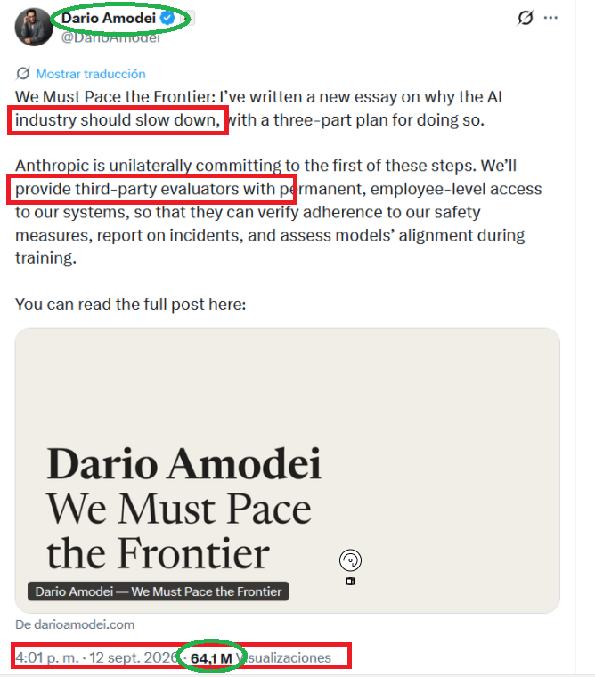 ericdolphy1848's tweet photo. 7/14 El 12 de septiembre, hay un giro de guion y salen a la palestra los amos del cotarro.

Dario Amodei (CEO de Anthropic): “La industria de la IA debería desacelerar”. 64 millones de visualizaciones.

Musk (CEO de Marte y del cinturón de asteroides): “Darío tiene razón”. https://t.co/fhWLxrptfW