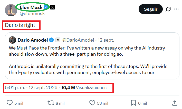 ericdolphy1848's tweet photo. 7/14 El 12 de septiembre, hay un giro de guion y salen a la palestra los amos del cotarro.

Dario Amodei (CEO de Anthropic): “La industria de la IA debería desacelerar”. 64 millones de visualizaciones.

Musk (CEO de Marte y del cinturón de asteroides): “Darío tiene razón”. https://t.co/fhWLxrptfW