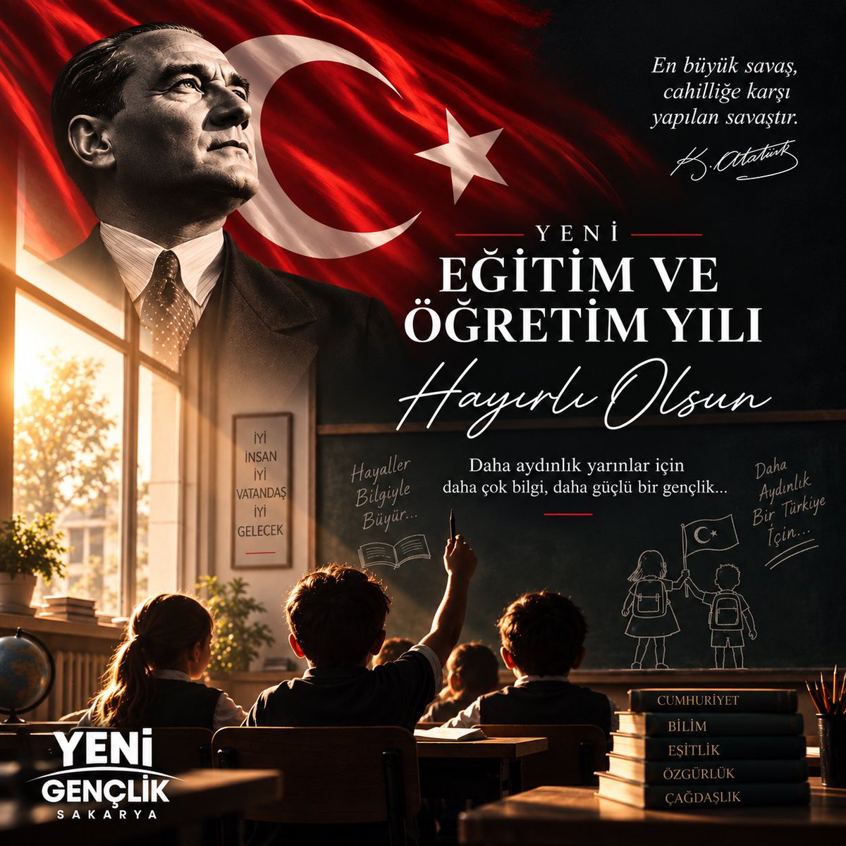 Yenigencsakarya's tweet photo. Bilgiyle büyüyen, Cumhuriyetin ışığında geleceğe yürüyen tüm öğrencilerimize başarılarla dolu bir eğitim yılı diliyoruz. 
Yeni eğitim ve öğretim yılı hayırlı olsun. https://t.co/G2JB0n7Pap