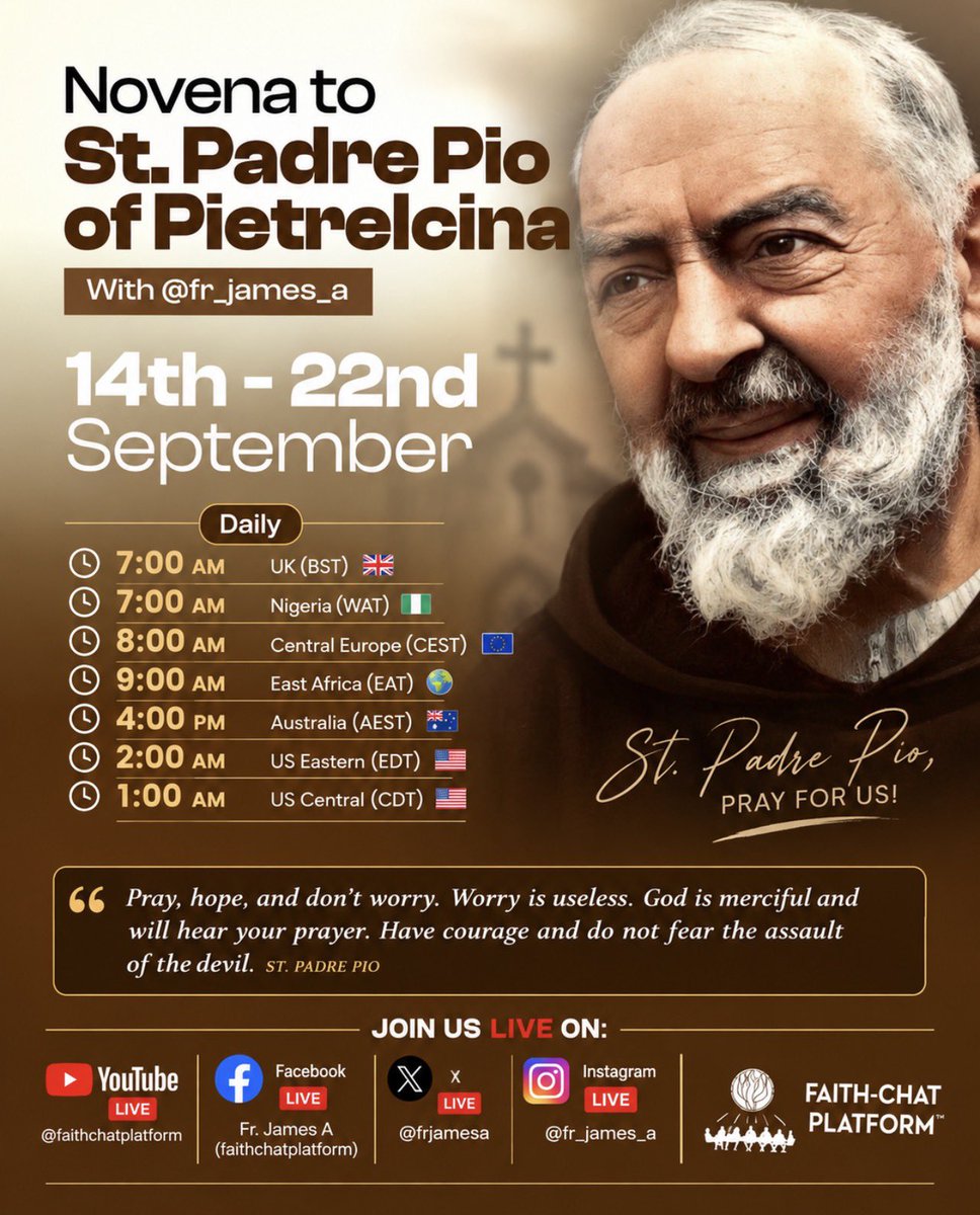 frjamesa's tweet photo. Friends, join us for the Novena to St Padre Pio, beginning tomorrow ,14th September, as we bring our needs before God through the intercession of this great saint.

Our intentions: for healing of body, mind and spirit; those living with chronic or serious illness; people awaiting diagnosis or medical treatment; freedom from addictions; peace for those struggling with anxiety, fear and worry; healing and reconciliation in families and marriages; employment and financial breakthrough; priests and vocations; conversion of sinners; and all private intentions entrusted to St Padre Pio.

Invite your family and friends, and come with your own personal intention. Pray, hope and don’t worry.

St Padre Pio, pray for us. Amen.

#PadrePioNovena #PrayHopeAndDontWorry #CatholicPrayer