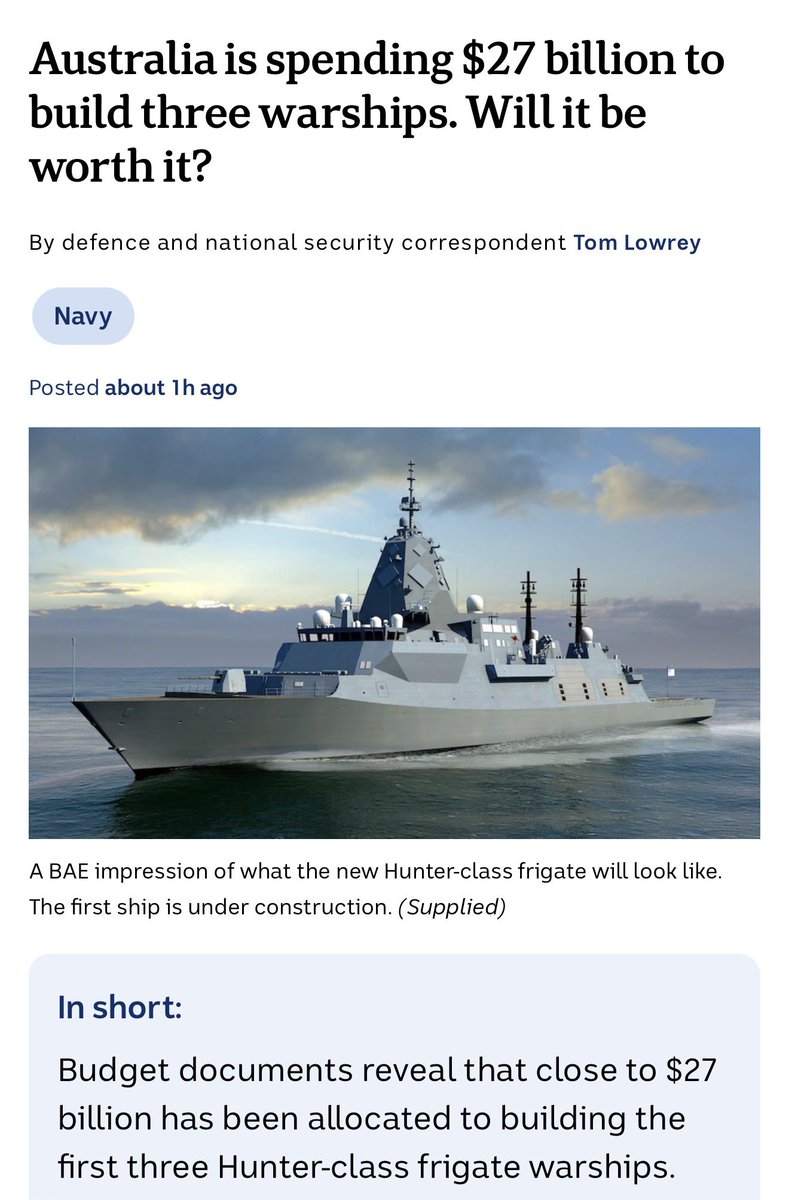 DavidShoebridge's tweet photo. At $9 billion per obsolete boat only the UK arms dealer making them thinks the Hunter frigate is a good idea. We should scrap them now before billions more are wasted. The only naval ships that cost more anywhere on the planet are nuclear powered aircraft carriers. https://t.co/1yVTnPPnh5