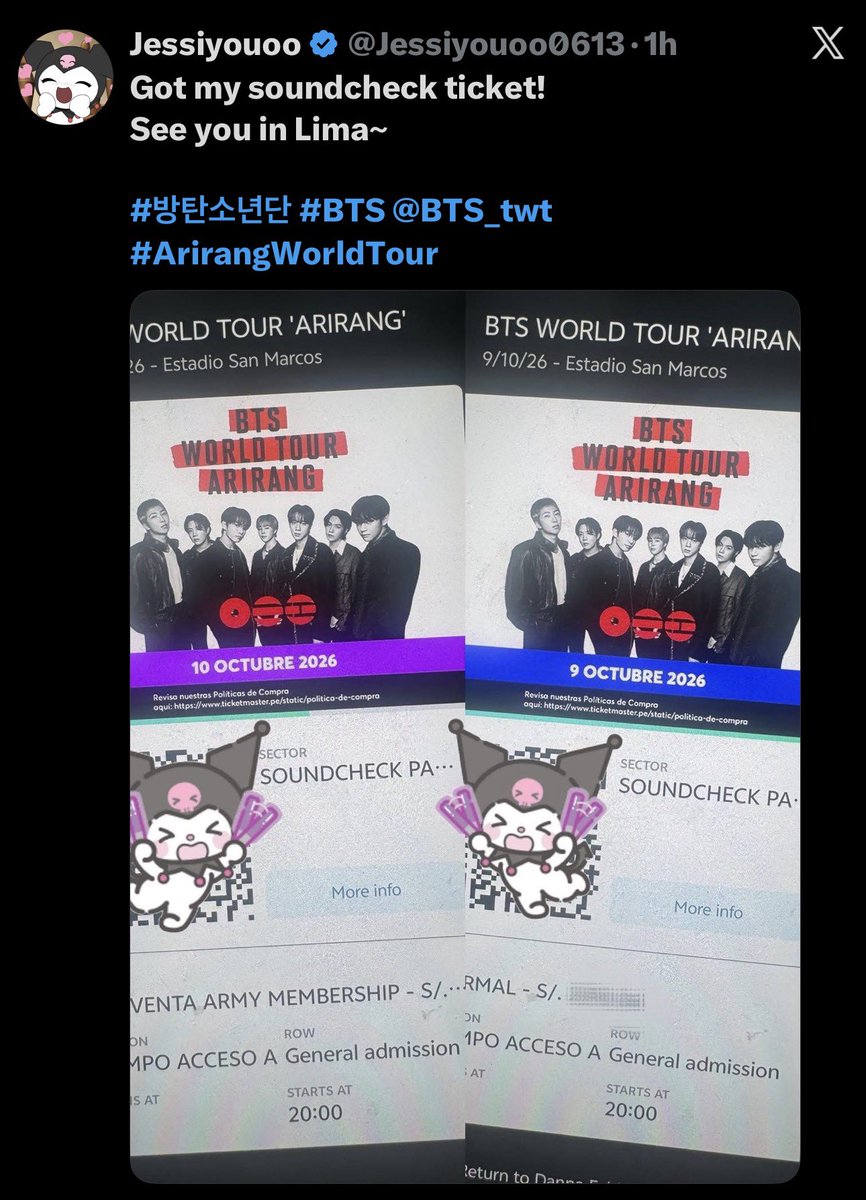 Vantaeuwuu's tweet photo. la chica q fue al concierto de bts 35 veces en VIP tmb va a ir a verlos a Perú y en vip, el trauma q se va a llevar la pobre en campo pero QUIEN PUDIERA😭😭 https://t.co/WEX5Bfzh1d