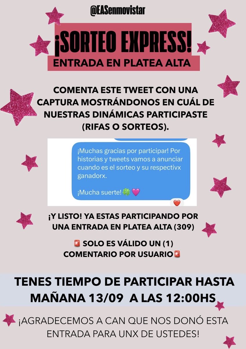 EASenmovistar's tweet photo. ÚLTIMO SORTEO ⭐️😭

Si nos bancaste hasta acá, queremos agradecerte con esta dinámica 👇🏼

Can (@hoonkflower) tiene una entrada de más y quiere donarla, así que la ayudamos a sortear este regalazo 🩷🥹

Por favor participen SOLO si pueden asistir 🙏🏼

Toda la info en el flyer 🍀 https://t.co/IgzWEbAU5n