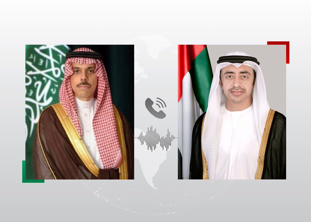 OFMUAE's tweet photo. عبدالله بن زايد يجري اتصالاً هاتفياً مع صاحب السمو الأمير فيصل بن فرحان بن عبدالله، وزير خارجية المملكة العربية السعودية الشقيقة، جرى خلاله بحث تطورات الأوضاع الاقليمية، وسبل تعزيز الجهود المبذولة لتحقيق الأمن والاستقرار المستدام في المنطقة. https://t.co/3SbIwXKEJi