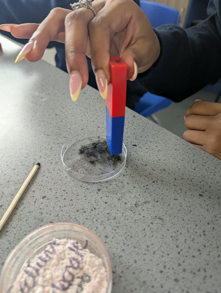 HaringeyLP's tweet photo. Year 11 have been learning about the reactivity series of metals, and how metals can be extracted using carbon. To test this we extracted iron from a match head. We tested we had iron at the end using a magnet 🧲 #ThisIsAP https://t.co/yZVBHjO1qQ