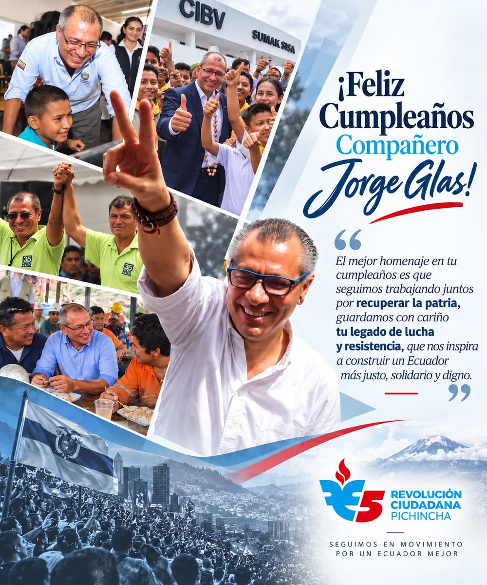 RC5Pichincha's tweet photo. ¡Feliz cumpleaños, querido compañero Jorge Glas! ✊🏽💙

El mejor homenaje es seguir luchando por recuperar la Patria, con la fuerza de nuestras convicciones y el cariño de quienes continuamos tu legado de lucha y resistencia.

¡La esperanza sigue viva! 
¡Hasta la Victoria Siempre! 🇪🇨

@JorgeGlas @MashiRafael 

#JorgeGlas #LuchaYResistencia #RC5