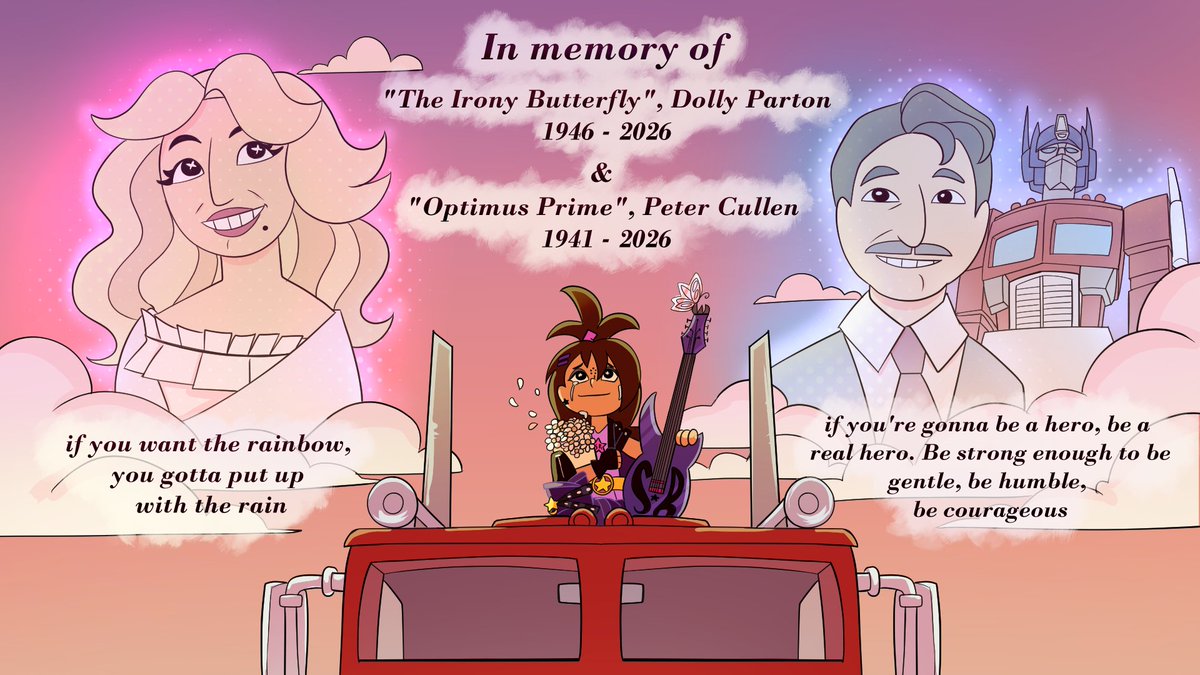 SkylarRocksOff's tweet photo. In Memory of #DollyParton &amp; #PeterCullen

A legend in both Music, Immense Joy &amp; kindness 
&amp; The voice of a legendary hero, my hero.

Rest in Peace the Iron Butterfly &amp; Optimus Prime.
🎸🤘⭐⚡❤️🦋🛻

Art by LivNimbe
https://t.co/AFuQTxWDZ8

#PeterCullenRIP #DollyPartonRIP #indie https://t.co/w8XNoInRD9