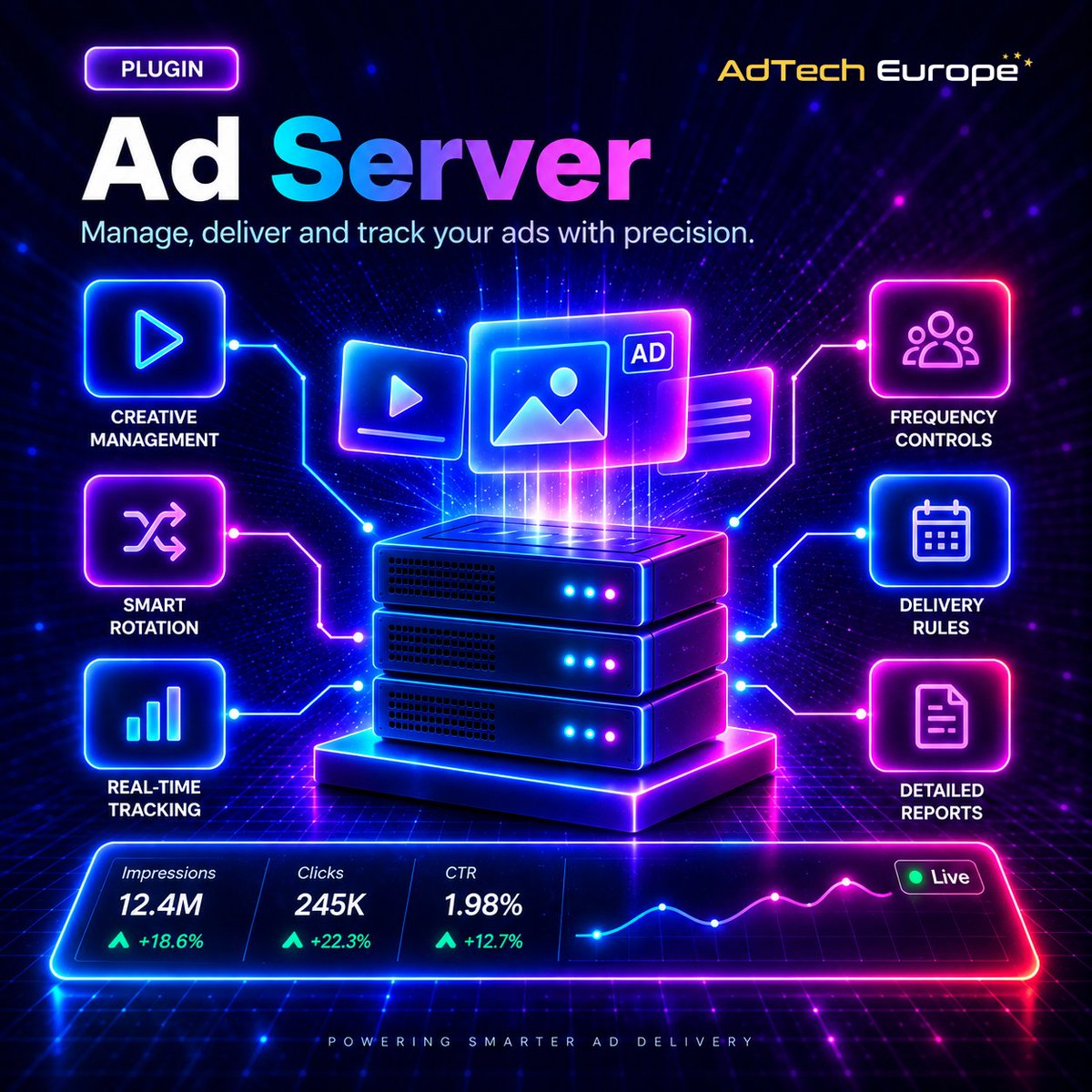 adtecheu's tweet photo. 🚀 New Plugin: Ad Server
Serve, track, and optimize your campaigns from one powerful layer.
Creative management, smart rotation, real-time tracking, frequency controls, delivery rules, and detailed reports.
#AdTechEurope #AdServer #AdTech #DSP #Programmatic #AdOps https://t.co/9cP9E3440l