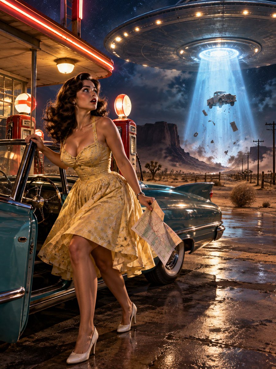 PromptDreamer81's tweet photo. Wrong turn.
Wrong gas station.
Very wrong night. 🛸
But maybe the greatest story she'd ever live to tell.
What would you call this scene?
#AIArt #UFOArt #RetroSciFi #Americana #SciFiArt #DigitalArt
TYFTT @artwithahat0 https://t.co/6N4eLDLu49
