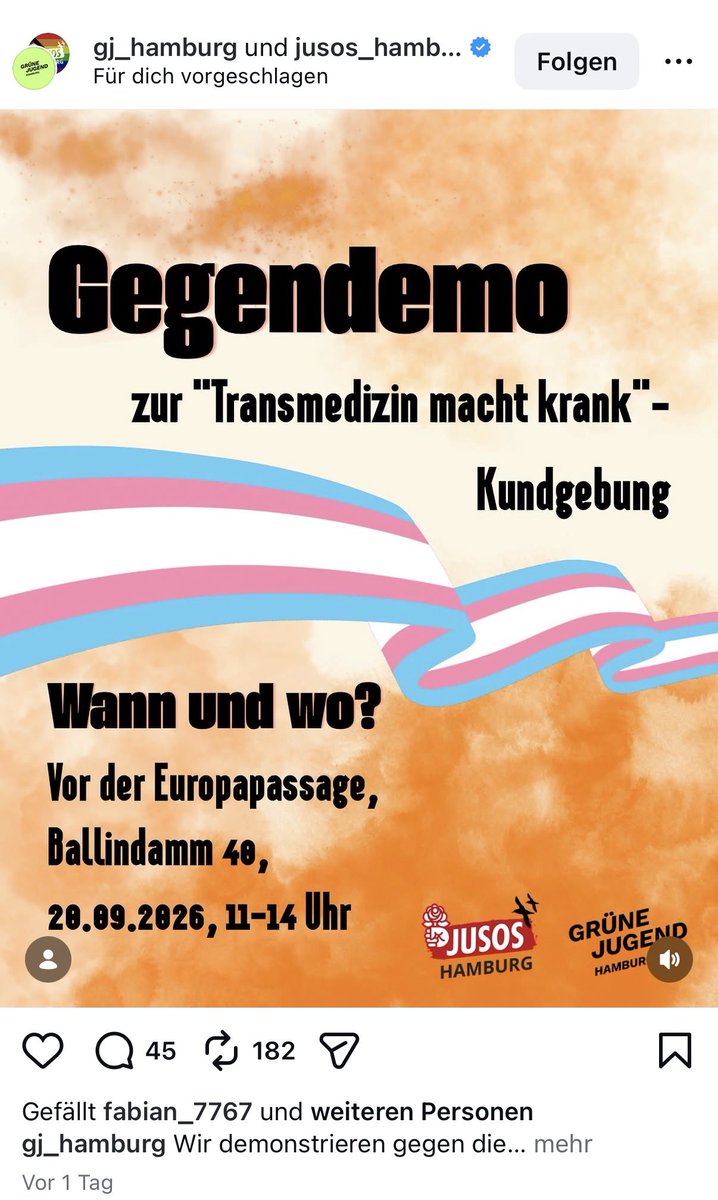 ronalyze's tweet photo. Die grüne Jugend und die Jusos mobilisieren für eine Verteidigung der Transgenderideologie und der damit verbundenen Eingriffe an Minderjährigen. Für sie ist es „Transfeindlichkeit“, für die körperliche Unversehrtheit von Kindern und Jugendlichen einzutreten. Cornelia Kost - Vorstand dgti - gefällt das. 

Ich weiß ernsthaft weiterhin nicht, was daran links oder grün sein soll, eine Milliardenindustrie zu supporten, die schädigende und sterilisierende Körpermodifikationen schon an Minderjährige verkauft.