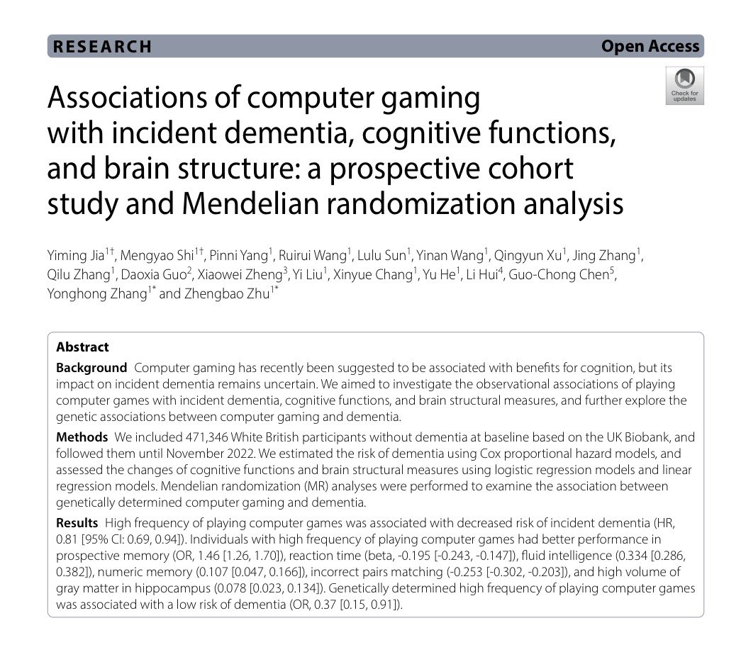 maxlugavere's tweet photo. Playing video games was associated with a decreased risk of dementia and better cognitive function and brain structure in a study of ~500k people. https://t.co/zQ3XiNYhh4
