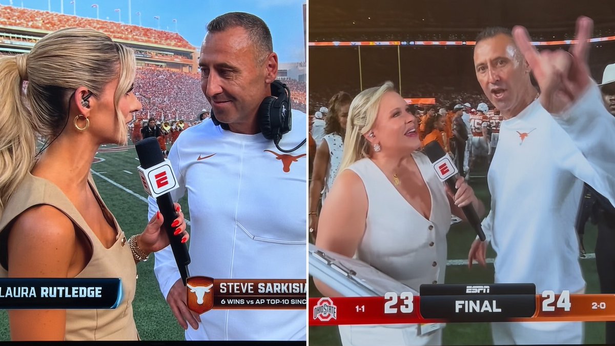 ChadFisher's tweet photo. Steve Sarkisian when Laura Rutledge wants to interview him vs. when Holly Rowe wants to interview him. https://t.co/518GWgg3Gv