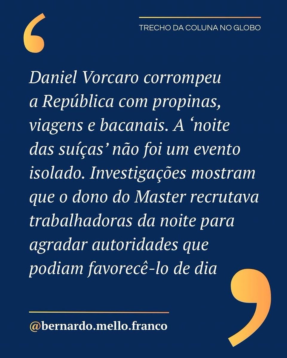 SpektarComm's tweet photo. "O MALANDRO E OS SUPREMOS"

Nesta terça, o Supremo Tribunal Federal discutirá se abre investigação sobre as ligações perigosas do ministro Alexandre de Moraes com Vorcaro. 

As farras noturnas parecem brincadeira de criança diante das cifras milionárias em jogo. 

Emparedado, Moraes promete ir para cima do ministro André Mendonça, que rasgou a fantasia ao insuflar o 7 de Setembro bolsonarista e destituir a cúpula da Polícia Federal numa canetada. 

O escândalo do Master envolve doutores que posam de estadistas, viajam de primeira classe e usam institutos e escritórios em nome de parentes para fechar negócios.

(Trecho da coluna de Bernardo Mello Franco no jornal O Globo)
