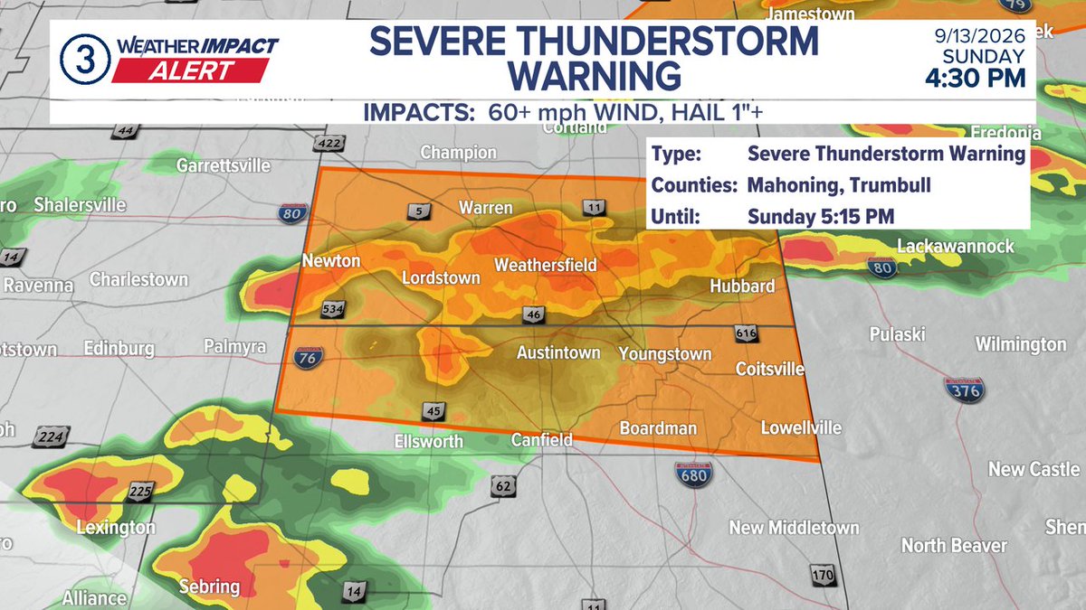 wkycweather's tweet photo. #3News Weather Impact Alert! Severe Thunderstorm Warning for the highlighted area until Sep 13 5:15PM
Keep an eye on the radar with the @wkyc app! #3weather https://t.co/U36Ba8hFSY