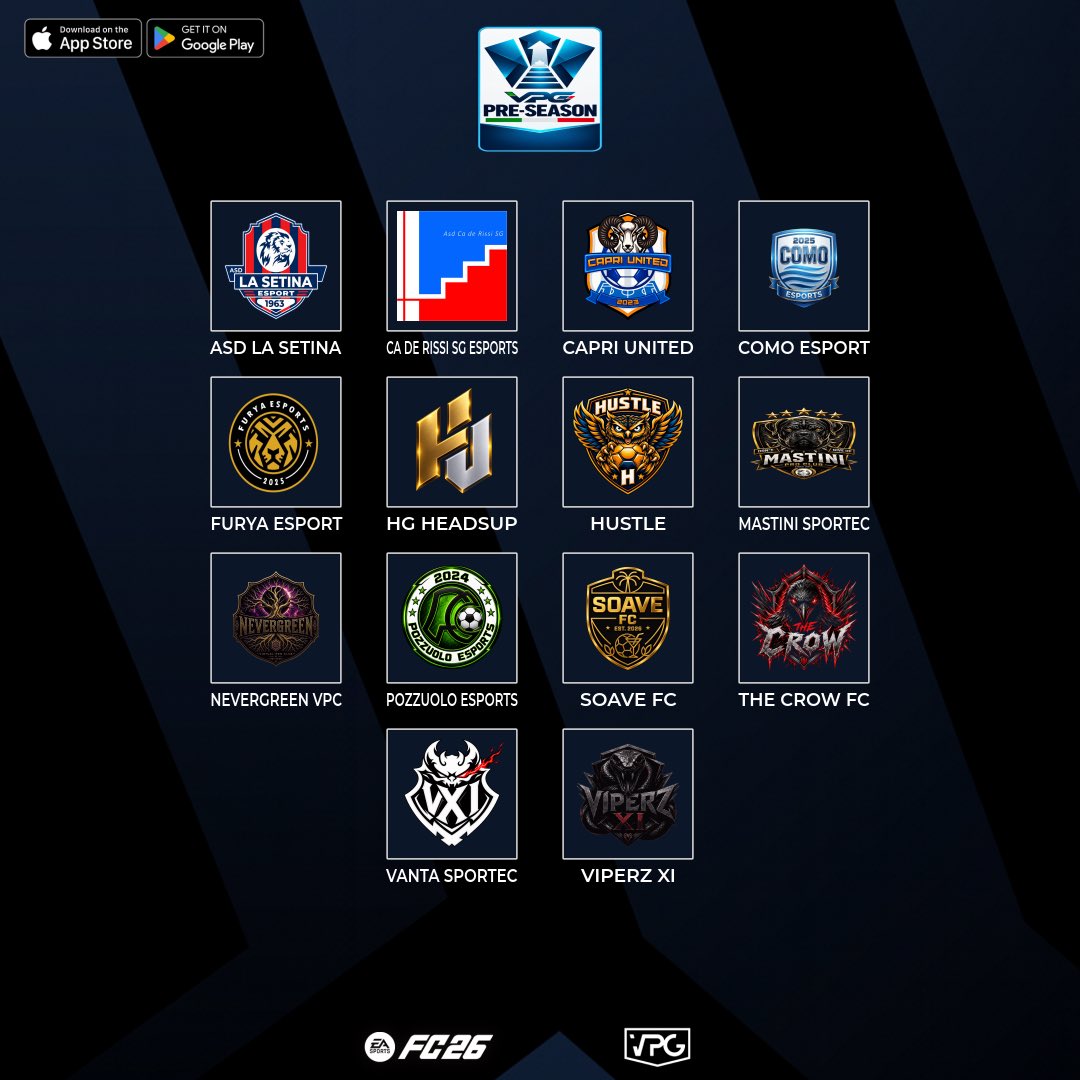 VPGItaly's tweet photo. 🙌 WELCOME TO THE @VPGItaly Pre-Season 🇮🇹
🏆 IN PALIO SLOT PER Serie A/B/C DI EAFC27!

✅ SQUADRE CONFERMATE:
⚒️ @ASDLaSetinaeSp 🇮🇹
🍊 @Caderissisg_esp 🇮🇹
🏖️ @capri_united 🇮🇹
🌊 @comoeasports 🇮🇹
🔥 @FuryaeSports 🇮🇹
🧠 @HeadsUpEs 🇮🇹
💪 @HustleProClub 🇮🇹
🌲 @MST_evergreen 🇮🇹
♾️ @nevergreenvpc 🇮🇹
🦁 @BlackLionsFIFA 🇮🇹
🍷 @SoaveFC 🇮🇹
🦅 @TheCrowFc_ 🇮🇹
⚡️ @Vantaproclub 🇮🇹
🐍 @ViperzXI 🇮🇹

📖 REGOLAMENTO COMPLETO QUI:
👉 https://t.co/n5iqMbYKAV

👀 CHI CONQUISTERÀ LA VETTA E SCRIVERÀ IL PROPRIO NOME NELLA STORIA?

🤞 BUONA FORTUNA A TUTTE LE SQUADRE PARTECIPANTI!

🗓️ LA Pre-Season PARTIRÀ DOMANI!

#FC26 #ProClubs #EAFC #VPG 
#WhereTheChampionsPlay